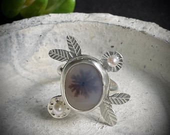 Dendritic Agate Silver Ring, Artisan Gemstone, Flower, Scenic Agate, Floral Agate