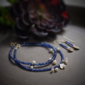 14k Solid Gold: Blue Sapphire and Pearl Bracelet, September Birthstone, Fine Jewelry Artisan, layering, Skinny, Delicate Beaded Bracelet image 1