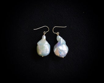 14k Solid Gold: Baroque Pearl Dangle Earrings, Big Freshwater Pearl Earrings