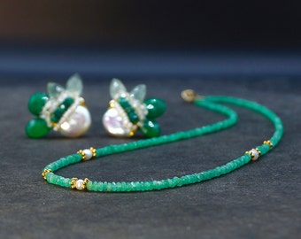 14K Solid Gold: Colombian Emerald Beaded Necklace, Choker, Genuine, Real Emerald, AAA, Highest Quality Emerald