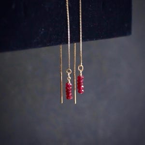 May include: A pair of gold chain earrings with red gemstone drops. The earrings are delicate and feature a simple design.