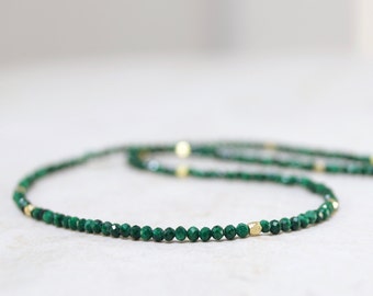 14K Solid Gold: Green Malachite Beaded Necklace, Layering Malachite Necklace, Dainty Deep Green Gemstone Necklace, Fine Jewelry, Minimalist