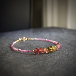 14K Solid Gold: Ombre Pink & Moss Tourmaline Bracelet, Moss Green, Shaded Multicolor Tourmaline, Layered Bracelet, Watermelon, Fine Jewelry image 4