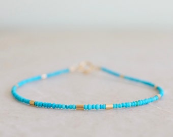 14K Solid Gold: Turquoise Tiny Seed Beaded Bracelet, Gold Tube Beads, Dainty Layering Bracelet, Blue Gemstone, Fine Jewelry, Boho