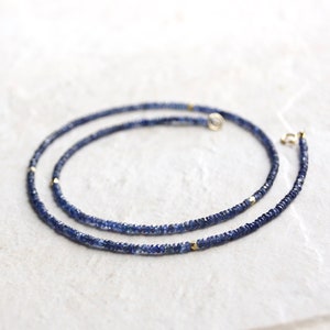 14k Solid Gold: Blue Sapphire Necklace, September Birthstone, Layered Necklace, Choker, Ultra Skinny Necklace, Delicate Beaded Gemstone image 9