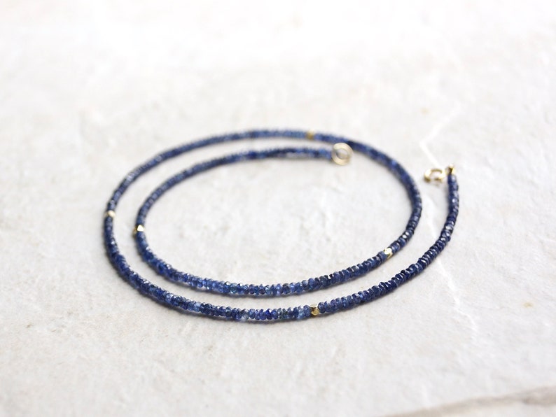 14k Solid Gold: Blue Sapphire Necklace, September Birthstone, Layered Necklace, Choker, Ultra Skinny Necklace, Delicate Beaded Gemstone image 9