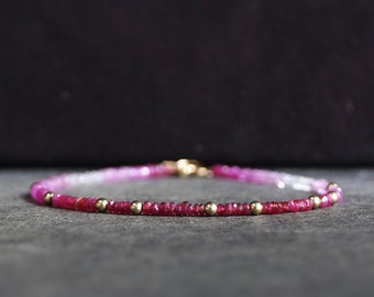 14K Solid Gold Ruby Bead Bracelet | 2 mm | Red Gradient | Natural Ruby | Stacking Bracelet | Dainty | Skinny | July Birthstone