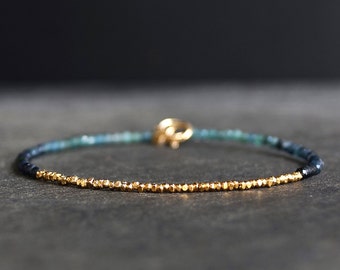 14K Solid Gold & Vermeil: Blue Tourmaline Beaded Bracelet | 2mm | Ombre | Shaded Tourmaline | Delicate | Skinny | Teal Blue