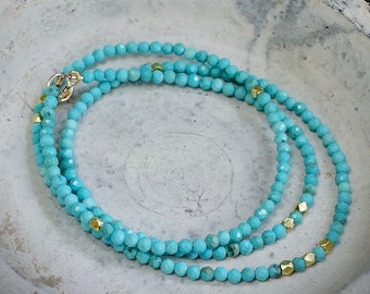 14K Solid Gold: Turquoise Beaded Necklace| 2.5mm | Simple Layer Turquoise | Dainty Very Thin Gemstone | Sleeping Beauty