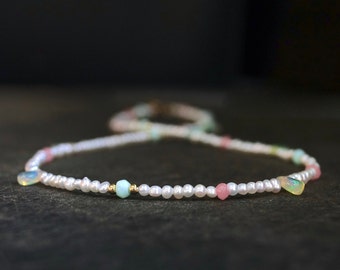 14K Solid Gold: Natural Pearl & Opal Bead Necklace| Rainbow Opals| Fine Jewelry| 2.5mm| Pastel Colors| Blue Pink Green| Bridal Necklace