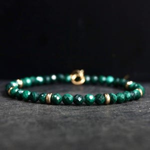 14K: Malachite Bead Bracelet | 4mm |  Spiritual Bracelet | Green Gemstone | Fine Jewelry | For Him| Solid Gold
