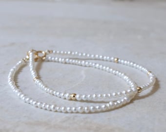 14K Solid Gold: Freshwater Pearl Beaded Bracelet with Gold Beads