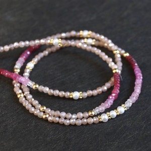 14K Solid Gold: Ruby & Peach Moonstone Necklace | Ombre Emerald