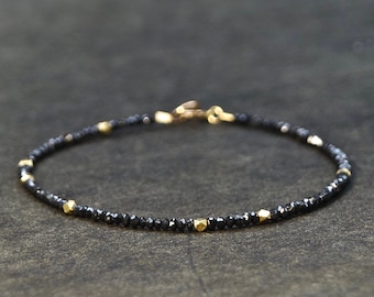 14K Solid Gold Black Diamond Beaded Bracelet: Faceted Natural Diamond