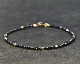 14K Solid Gold: Black Diamond Beaded Bracelet, Faceted Genuine Diamond, Layered, Delicate, Real Natural Diamond, Skinny Bracelet