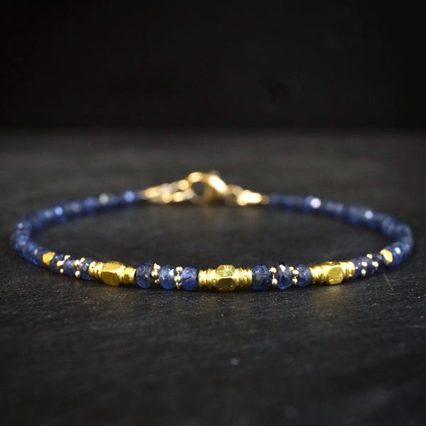 14K Blue Sapphire Bead Bracelet | 2.5mm | Heavy Weight Gold Beads