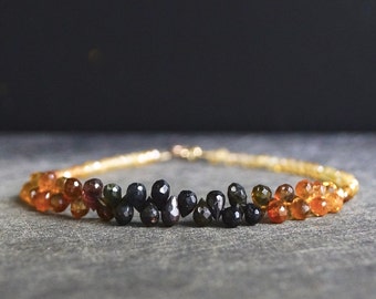 14K Solid Gold: Ombre Tourmaline Bracelet, Black & Brown, Shaded Multicolor Tourmaline, Layered Bracelet, Smoky, Fine Jewelry