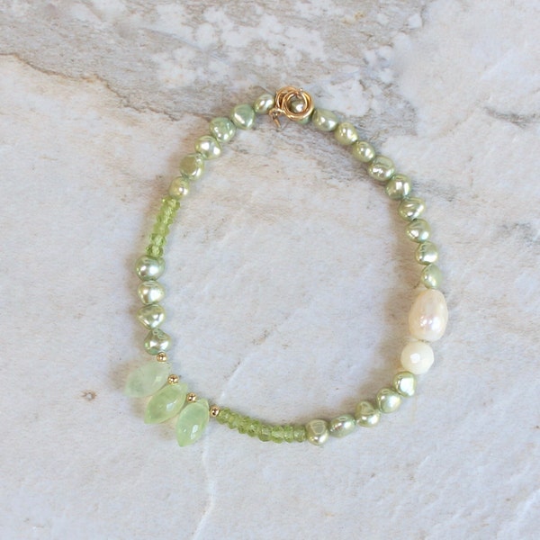 14K Solid Gold: Peridot Bracelet | Pastel Green Gemstones | Bohemian | Natural Pearl Bracelet | Fine Jewelry| Light Green