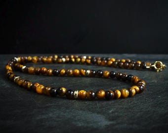 14K Solid Gold: Tiger's Eye Bead Necklace | 4mm | Brown | Spiritual Jewelry