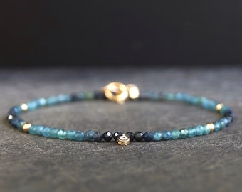 Diamond & Blue Tourmaline Bracelet | 2mm | 14K |Natural Diamond Charm | Teal Blue Gemstone | Boho| Delicate  | Fine Jewelry | Anniversary