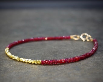 14K Solid Gold Ruby Beaded Bracelet | Real Red Ruby | Heavy Weight Hexagon Gold Beads | Delicate | Skinny | Natural Ruby | July Birthstone