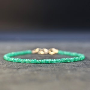 14K Solid Gold: Colombian Emerald Beaded Bracelet, Simple Layering bracelet