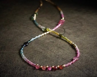 14K: Tourmaline Ombre Bead Necklace| Pink Blue Green| Rainbow Gemstone Bead Necklace| Boho| Bohemian | Multi Color