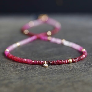 14K Solid Gold: Ombre Shaded Ruby Necklace, Very Skinny Beaded Necklace, Red Ruby Fine Jewelry