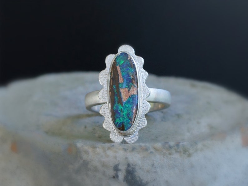 Boulder Opal Ring Fine Silver Opal Artisan Bezel Ring image 1