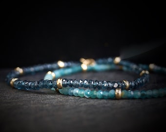 Set of 2: Teal Kyanite & Grandidierite Bracelets| 3mm| 14K Solid Gold| Teal Green| Fine Jewelry| Healing Crystal | Spiritual Bracelet