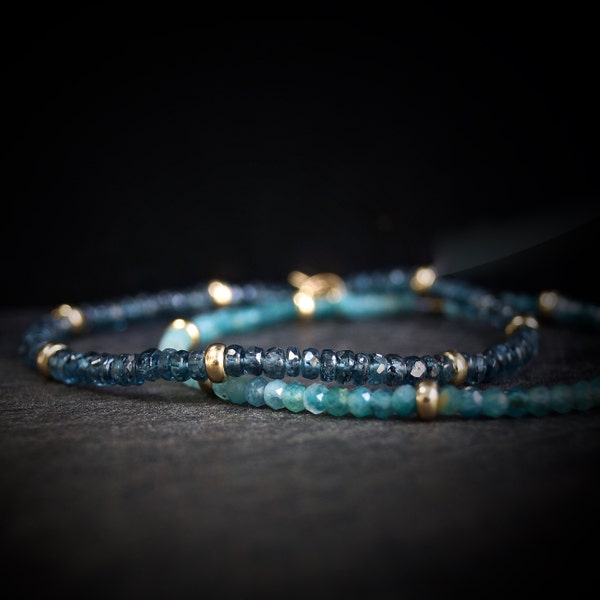 Set van 2: blauwgroen kyaniet- en grandidieriet-armbanden | 3 mm| 14K massief goud| Blauwgroen groen| Fijne sieraden| Genezend kristal | Spirituele armband