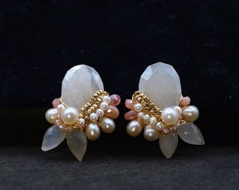 Moonstone & Natural Pearls Earrings | Wire Wrapped Earrings | Bridal | Delicate Dainty Earrings | Pink