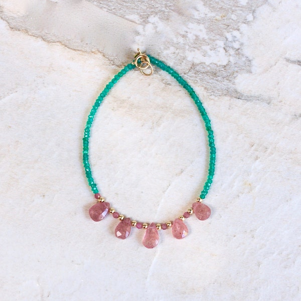 14K Solid Gold: Green Onyx Bracelet | Strawberry Quartz Bracelet| Green and Pink | Bohemian | Emerald Green | Antique Pink|  Fine Jewelry