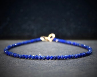 14K Solid Gold: Lapis Lazuli Beaded Bracelet | 2mm | Skinny | Blue Gemstone | Dark Blue | Healing Stone | Throat Chakra | Third Chakra