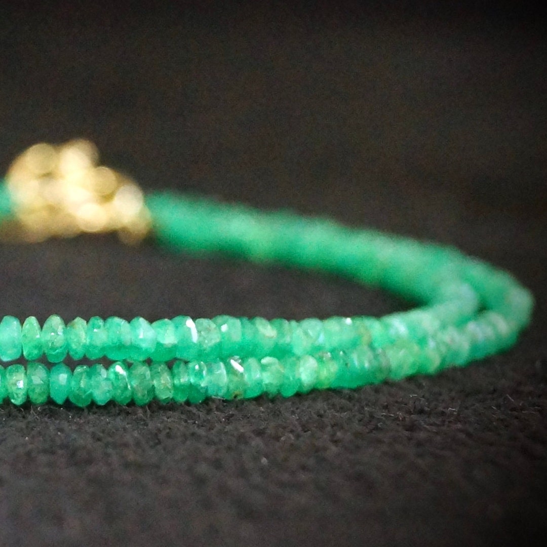 14K Solid Gold Emerald Beaded Necklace, Simple Layer Green Emerald