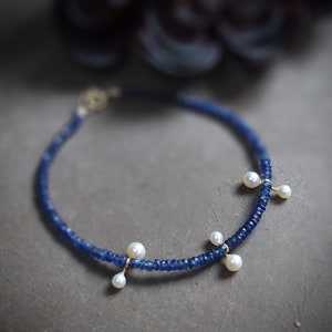 14k Solid Gold: Blue Sapphire and Pearl Bracelet, September Birthstone, Fine Jewelry Artisan, layering, Skinny, Delicate Beaded Bracelet image 7