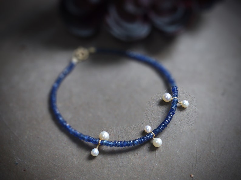 14k Solid Gold: Blue Sapphire and Pearl Bracelet, September Birthstone, Fine Jewelry Artisan, layering, Skinny, Delicate Beaded Bracelet image 7
