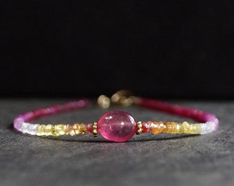 14K Solid Gold: Ombre Ruby and Sapphire Beaded Bracelet, Red Orange Yellow, Shaded Sapphire, Fine Jewelry, Boho, Bohemian, Delicate Skinny