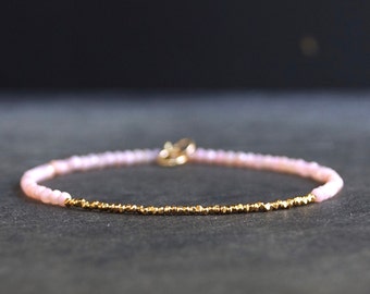 14K Solid Gold & 24K Vermeil: Pink Opal Bead Bracelet | 2.5mm | Delicate | Skinny | Pastel Pink| For Her | For Wife