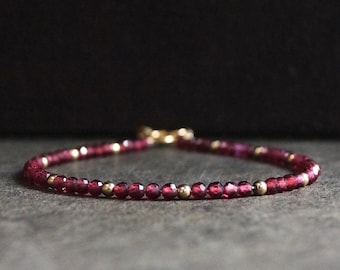 14K Solid Gold: Red Garnet Bead Bracelet | 2.5mm | Sacral Chakra | Root Chakra | Skinny Gemstone | Healing Stone | Delicate | Dainty Jewelry