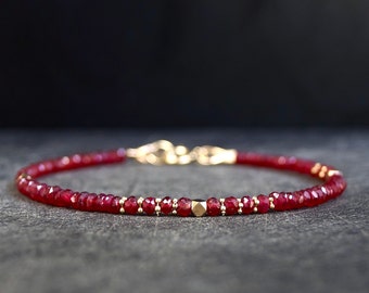 14K Solid Gold: Ruby Bead Bracelet | 2-2.5mm| Genuine Natural Ruby| Fine Jewelry