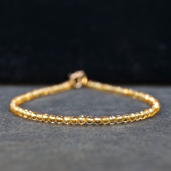 14K Solid Gold: Citrine Bead Bracelet | 2mm | Yellow Citrine | Skinny Gemstone | Healing Stone | Solar Plexus | Navel Chakras