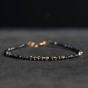 14K Solid Gold: Black Diamond Beaded Bracelet, Faceted Genuine Diamond, Layered, Delicate, Real Natural Diamond, Skinny Bracelet