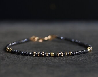 14K Solid Gold Black Diamond Beaded Bracelet: Delicate Layering Jewelry
