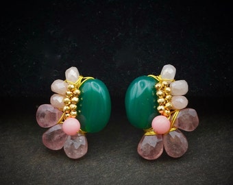 Green Onyx Earrings | Green & Pink Gemstone | Organic | Artisan | Asymmetrical earrings | Emerald Green | Strawberry Quartz | Cluster