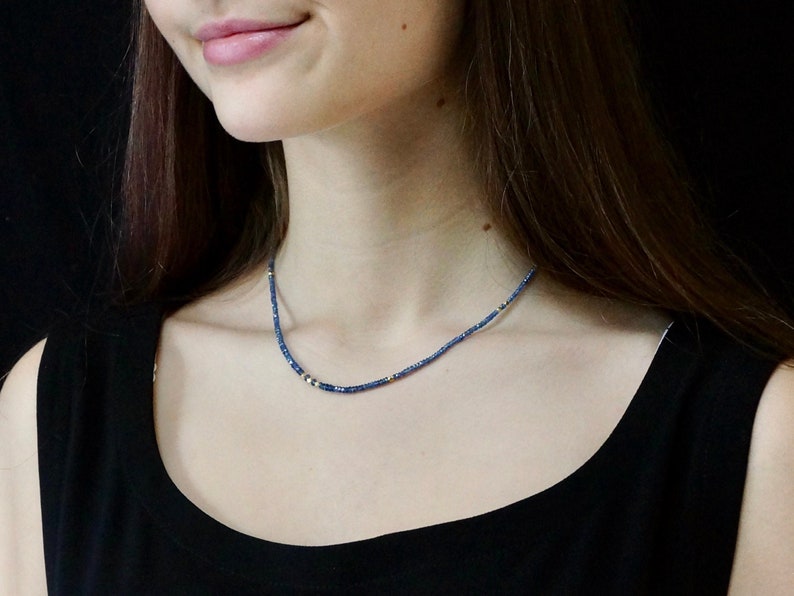 14k Solid Gold: Blue Sapphire Necklace, September Birthstone, Layered Necklace, Choker, Ultra Skinny Necklace, Delicate Beaded Gemstone image 1