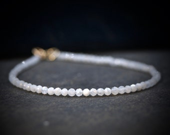 14K Solid Gold: Moonstone Bead Bracelet | 2mm | Milky White | Rainbow Moonstone | Skinny |  Gemstone | Healing Stone