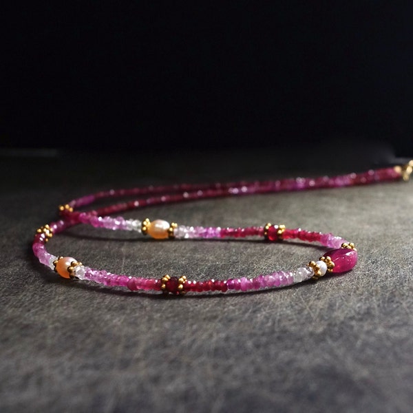 14K Solid Gold: Ombre Ruby Beaded Necklace, Shaded Ruby, Boho, Delicate, Layered Necklace, Fine Jewelry