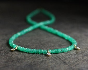 14K Solid Gold: Diamond & Emerald Necklace| 2 - 2.5 mm | Colombian Emerald| Natural Diamond Charm| Natural Green Emerald