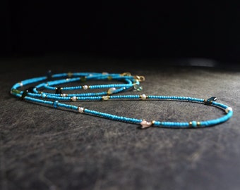 14K Solid Gold and Vermeil: 33" Turquoise Beaded Long Necklace, Skinny Layered Necklace, Fine Jewelry, Seed Beads, Tourmaline, 1.5mm